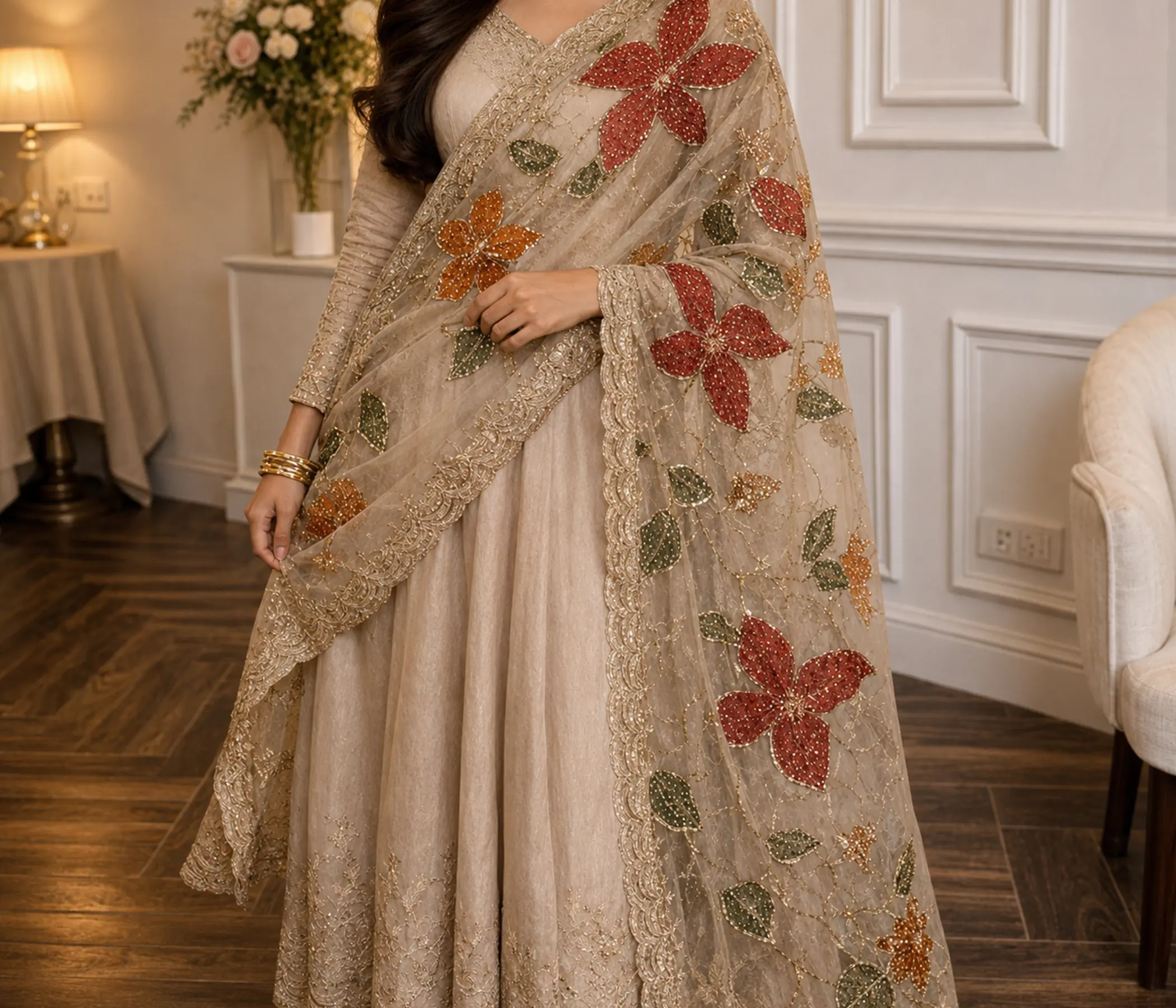 Embellished Hand painted pure organza dupatta